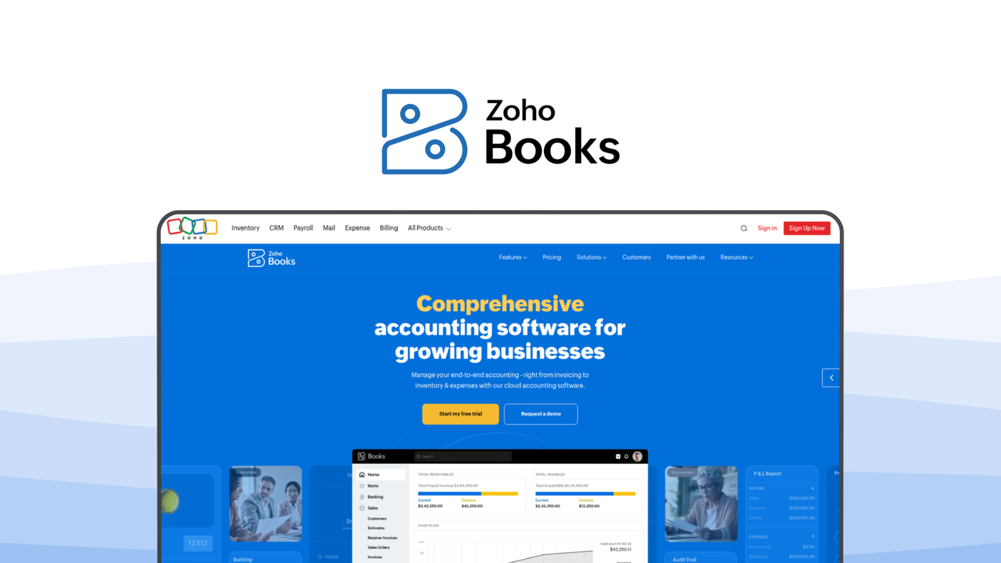 Zoho Books an accounting tool, featuring invoice automation, bank reconciliation, expense tracking, inventory management, workflow automation.