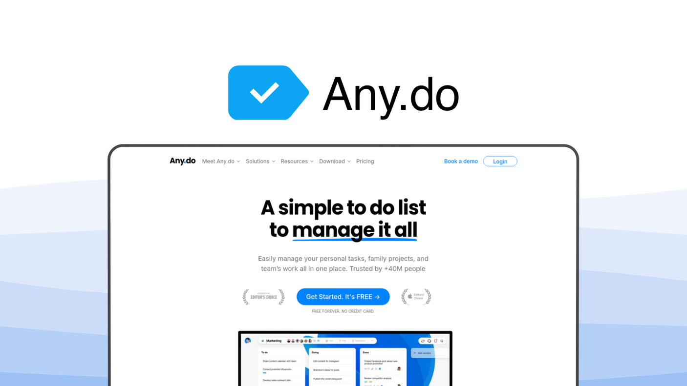 Any.do a task management tool, featuring daily planner, location reminders, recurring tasks, voice input, calendar sync, whatsapp integration, ai suggestions.