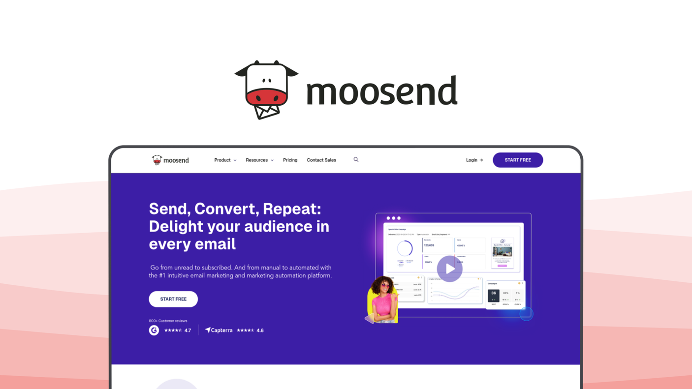 Moosend an email marketing tool, featuring marketing automation, custom subscription forms, advanced personalization, real-time analytics, landing pages.