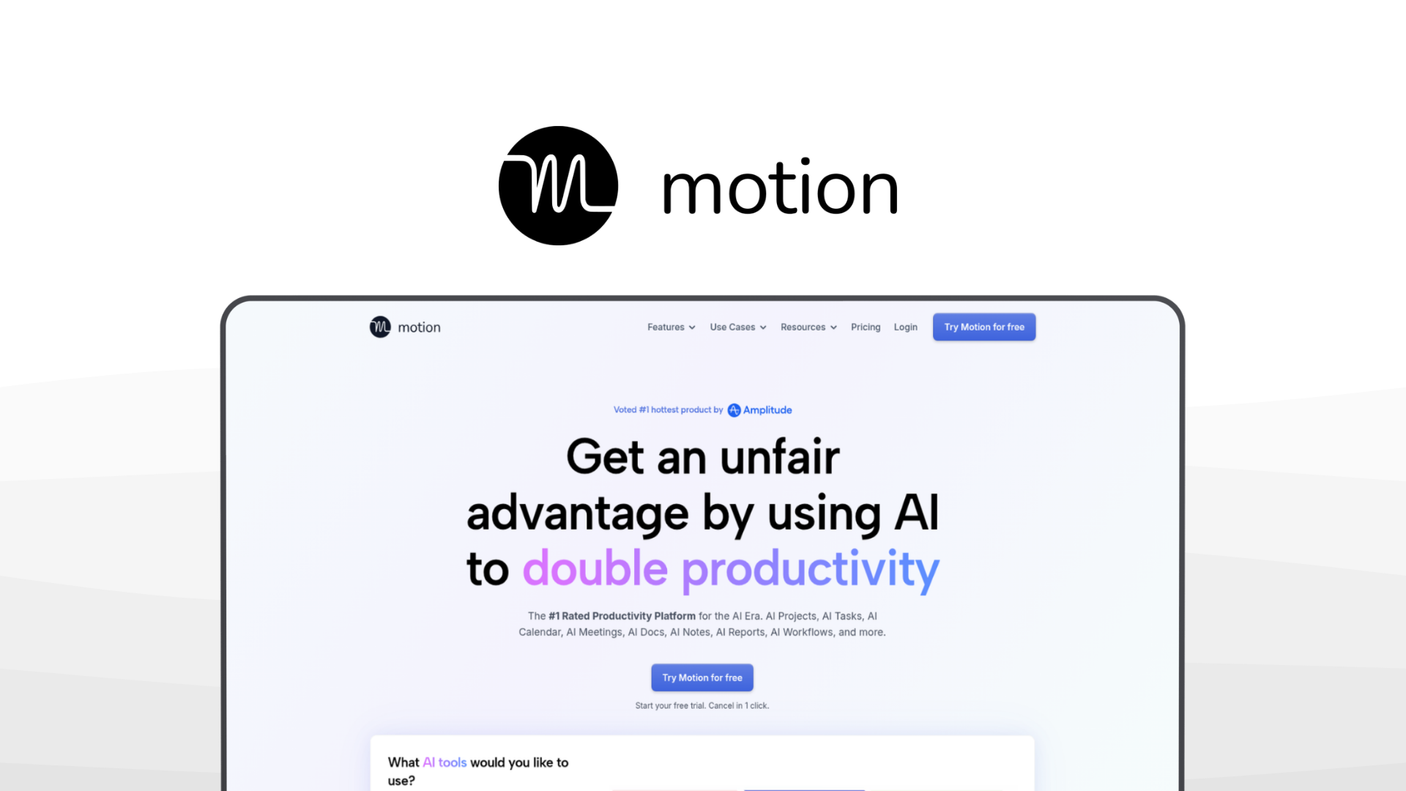 Motion a task management tool, featuring ai auto scheduling, calendar time blocking, smart prioritization, ai meeting scheduler, project planning.