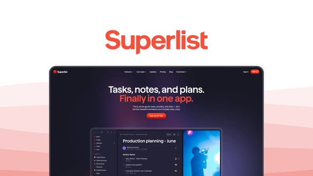 Superlist a task management tool, featuring tasks and notes, repeating tasks, task assigning, labels, ai assistant.