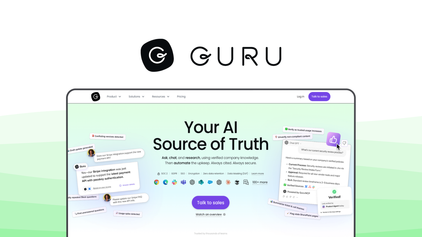 Guru a knowledge base tool, featuring ai context search, knowledge cards, verification workflows, slack integration, browser extension.