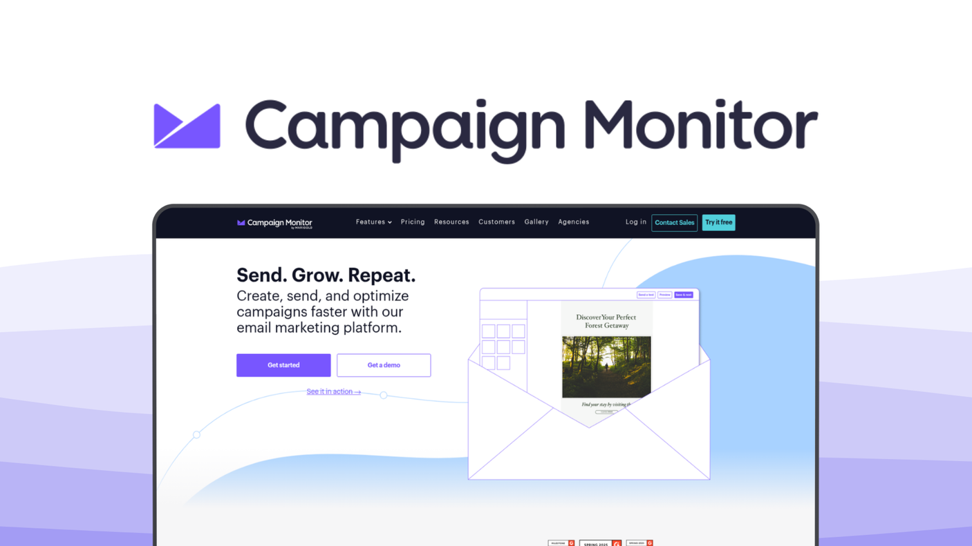 Campaign Monitor an email marketing tool, featuring visual journey designer, smart segments, professional templates, real-time reporting, personalization tools.