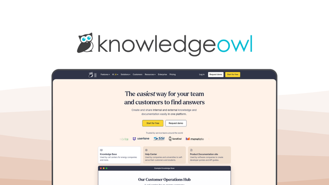 KnowledgeOwl a knowledge base tool, featuring simple editor, version control, custom branding, powerful search, role-based access.