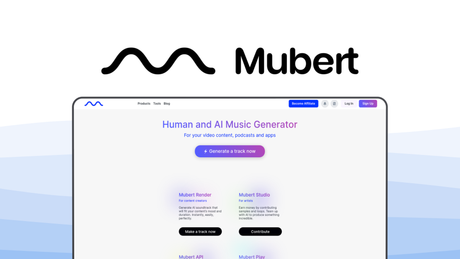 Mubert a music generator tool, featuring royalty free tracks, infinite generation, text prompt, api access, long form.