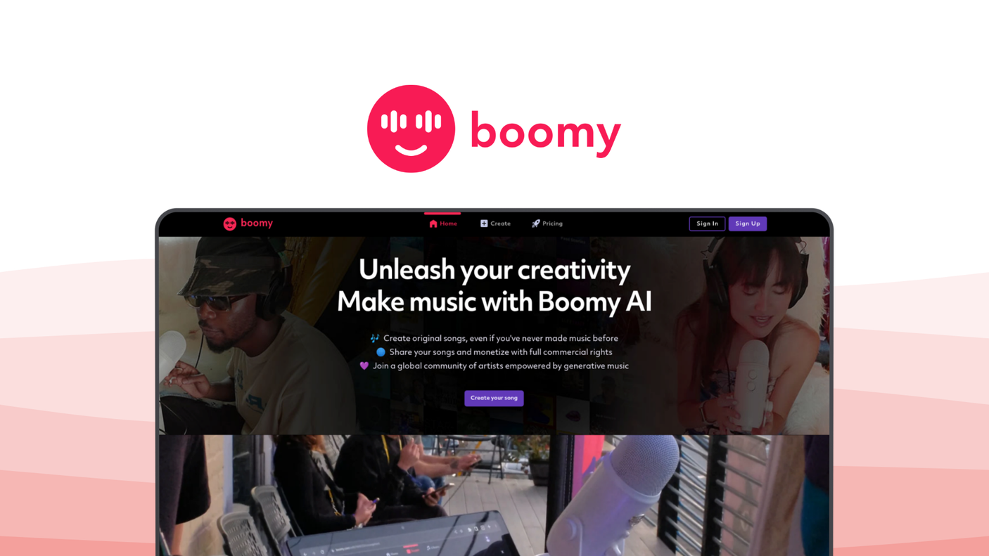 Boomy a music generator tool, featuring instant song creation, streaming distribution, auto mastering, monetization tools, simple interface.