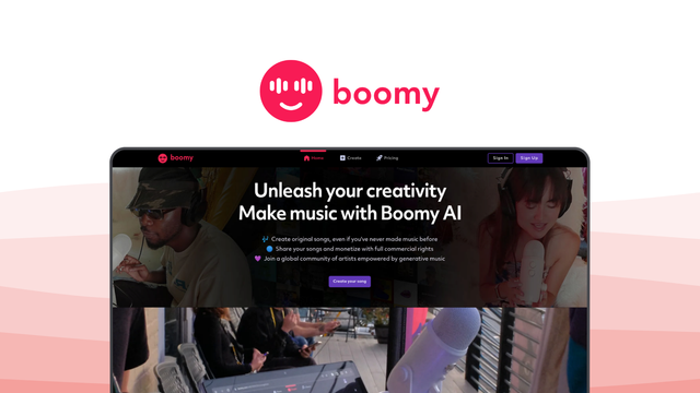 Boomy a music generator tool, featuring instant song creation, streaming distribution, auto mastering, monetization tools, simple interface.
