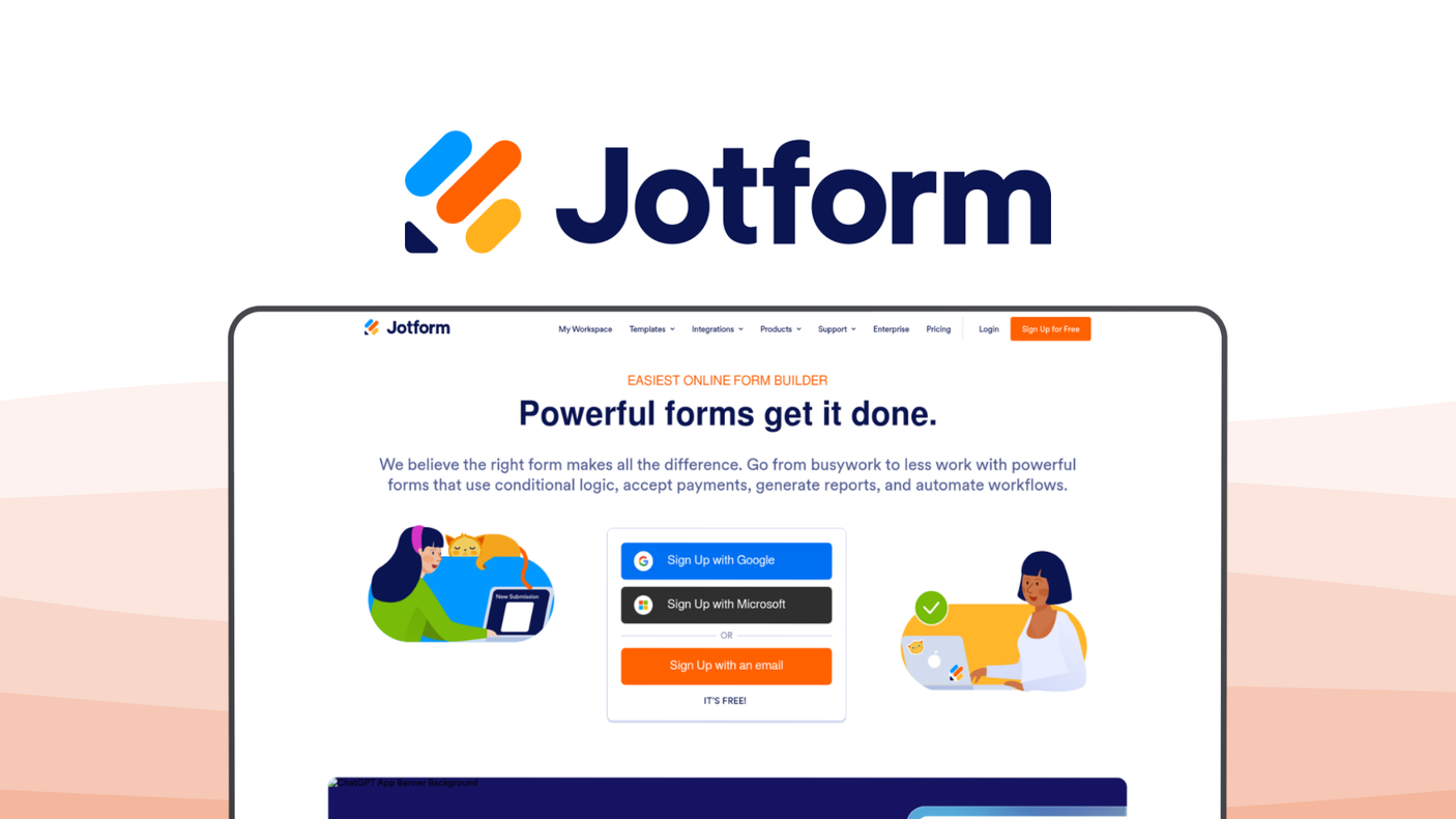 Jotform a form builder tool, featuring drag drop builder, template library, payment processing, e signatures, workflow automation.