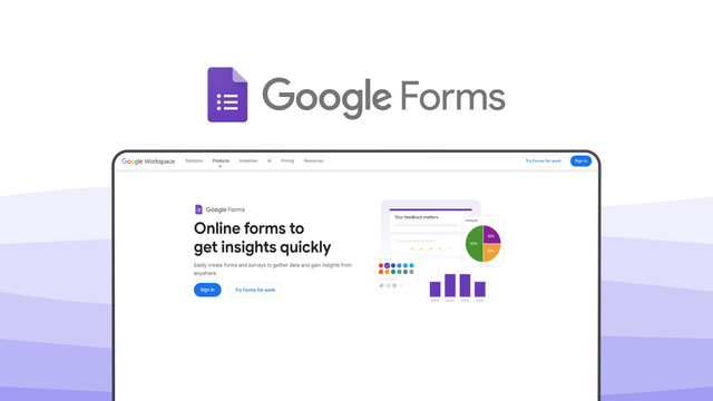 Google Forms a form builder tool, featuring simple interface, branching logic, sheets integration, collaboration, quiz mode.