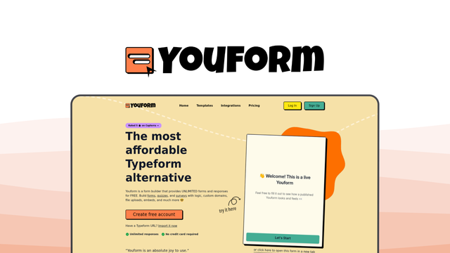 Youform a form builder tool, featuring unlimited responses, ai form builder, conditional logic, drag drop builder, zapier integrations.