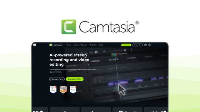 Camtasia a screen recording tool, featuring professional editing, multi-track timeline, ai tools, effects library, interactive elements.