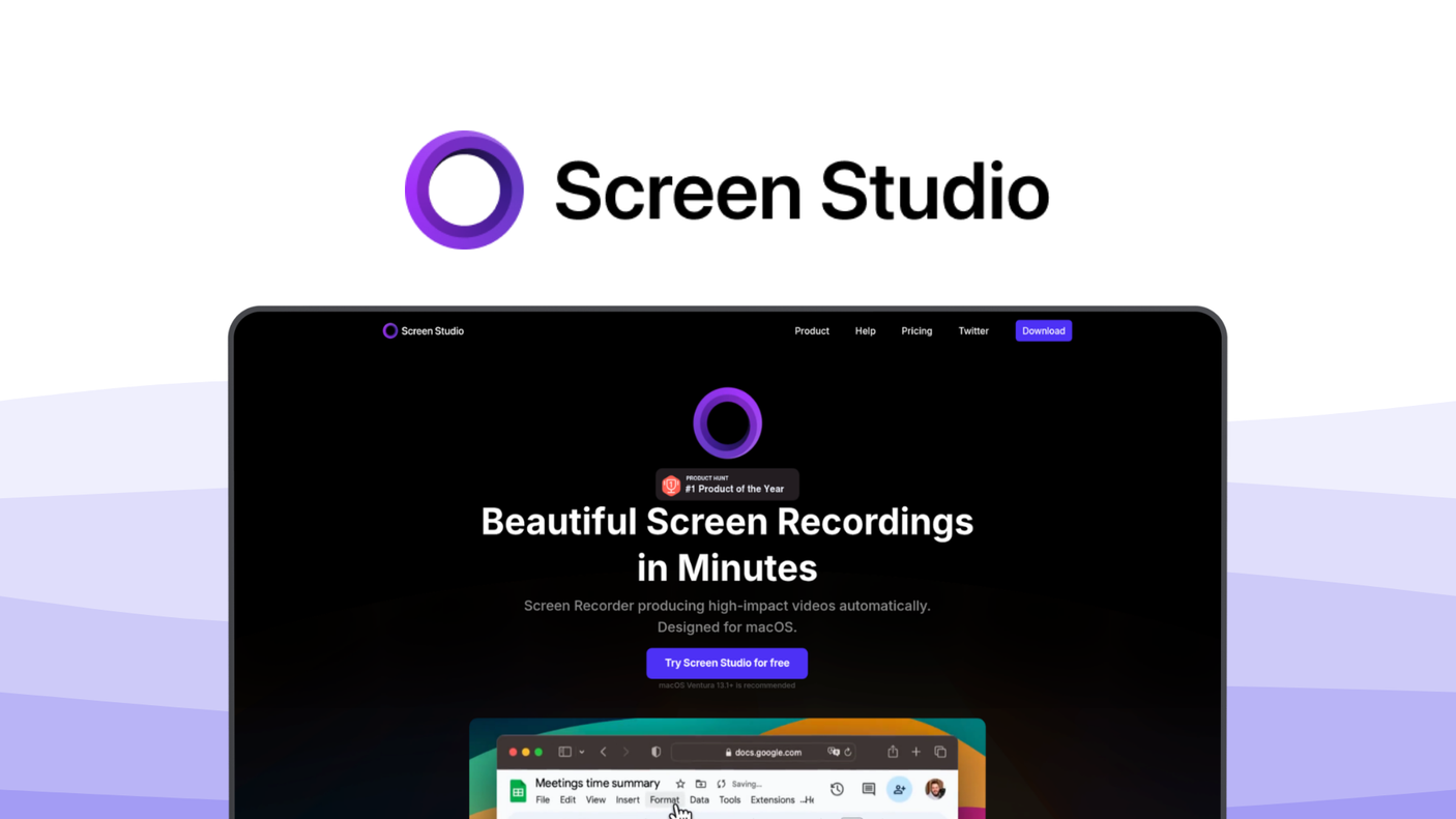 Screen Studio a screen recording tool, featuring automatic zoom, smooth cursor, cinematic animations, professional polish, high quality export.