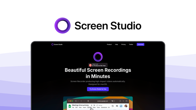 Screen Studio a screen recording tool, featuring automatic zoom, smooth cursor, cinematic animations, professional polish, high quality export.