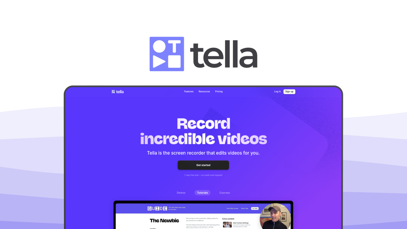 Tella a screen recording tool, featuring customizable camera layouts, multi-clip stitching, web-based editing.