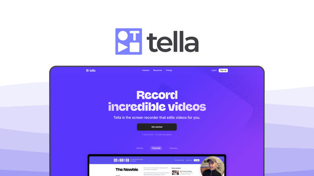 Tella a screen recording tool, featuring customizable camera layouts, multi-clip stitching, web-based editing.