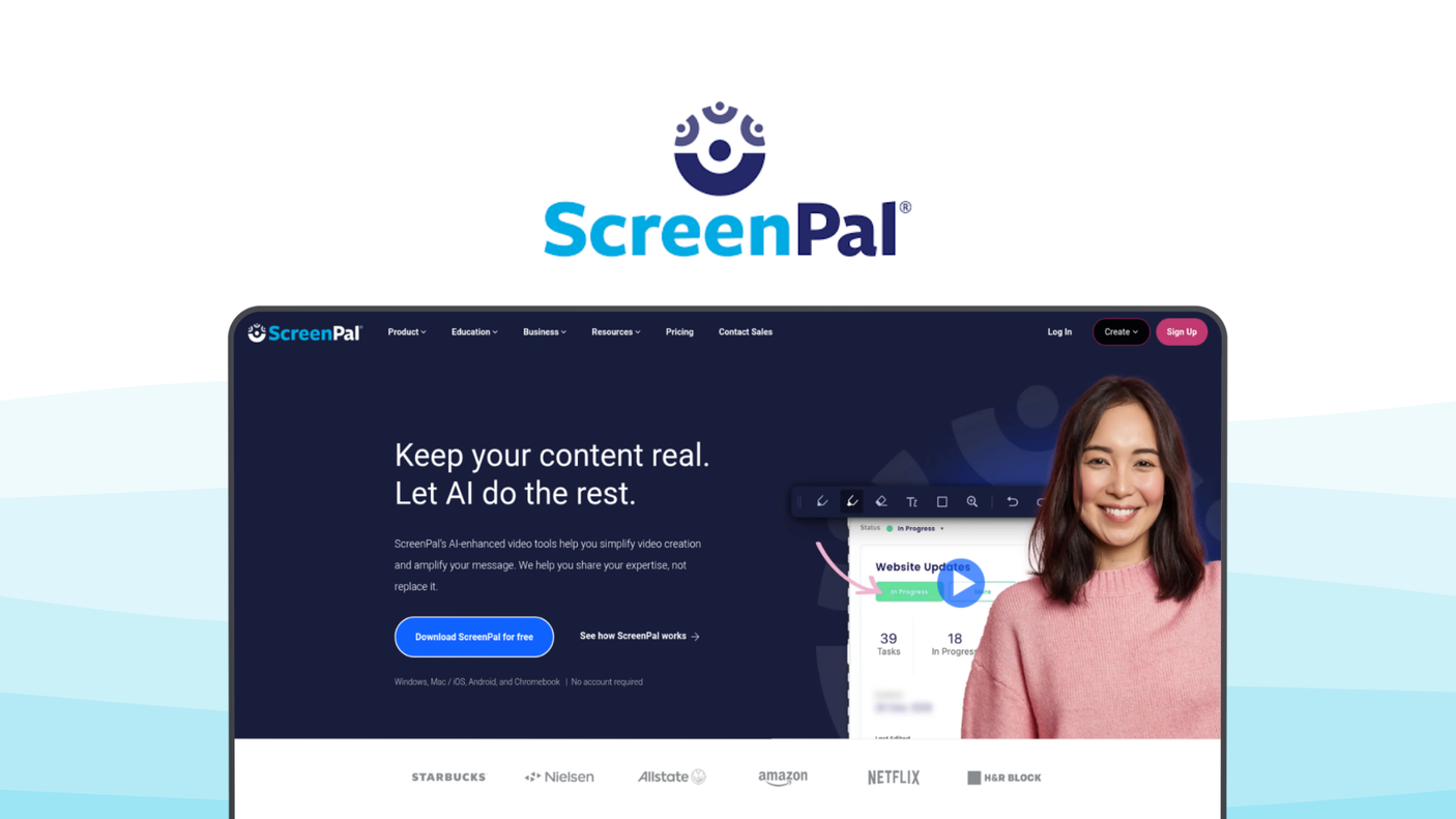 ScreenPal a screen recording tool, featuring easy recording, video editing, screen capture, hosting tools, caption tools.
