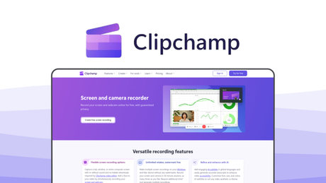 Clipchamp a screen recording tool, featuring browser-based editing, ai auto-compose, stock media, webcam screen.
