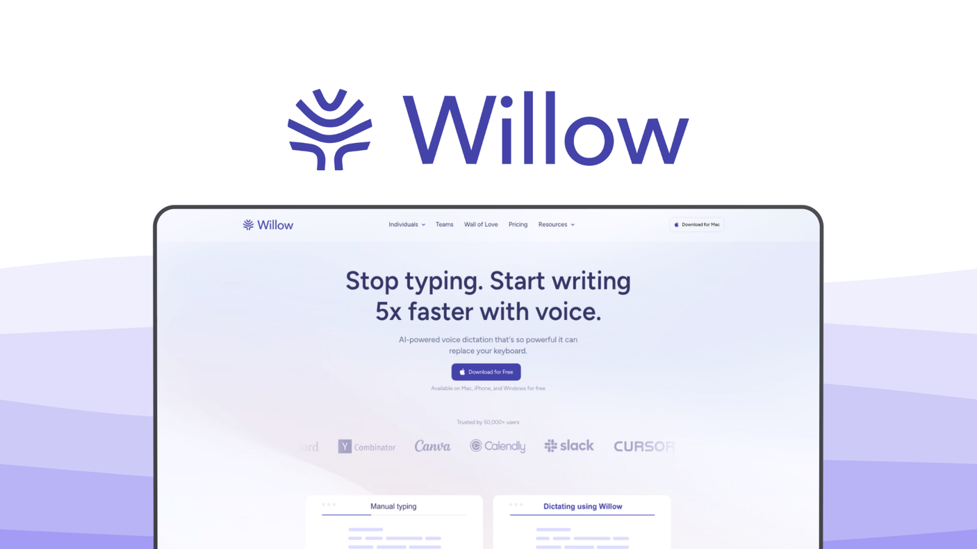 Willow Voice a voice dictation tool, featuring low latency dictation, style adaptation, universal integration, auto formatting, noise robust.