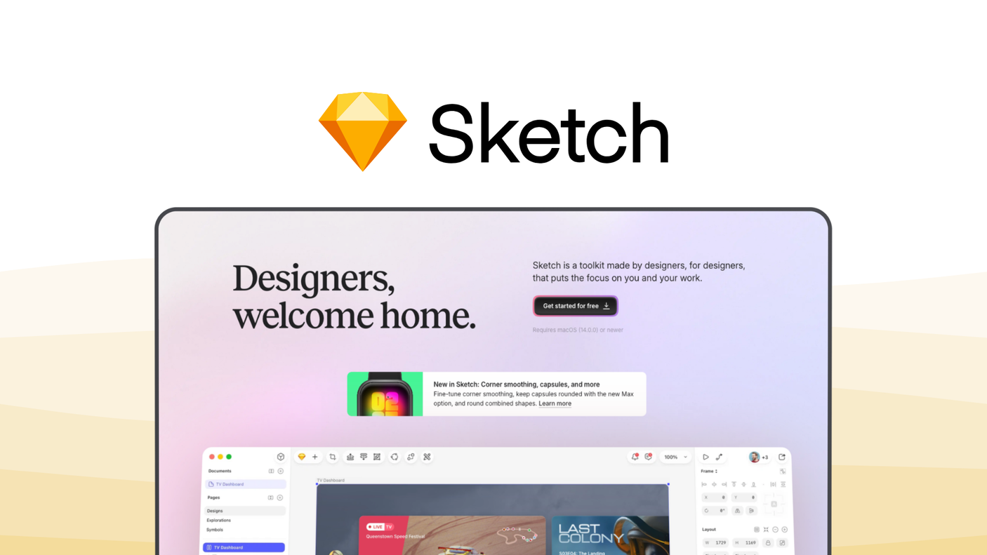 Sketch an ui ux tool, featuring vector editing, symbol components, offline capability, plugin support, smart layouts.