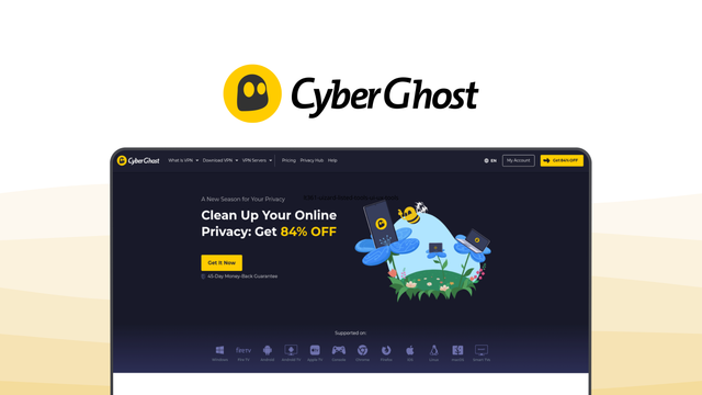 CyberGhost a vpn tool, featuring large server network, streaming servers, intuitive apps, low cost, no logs policy.