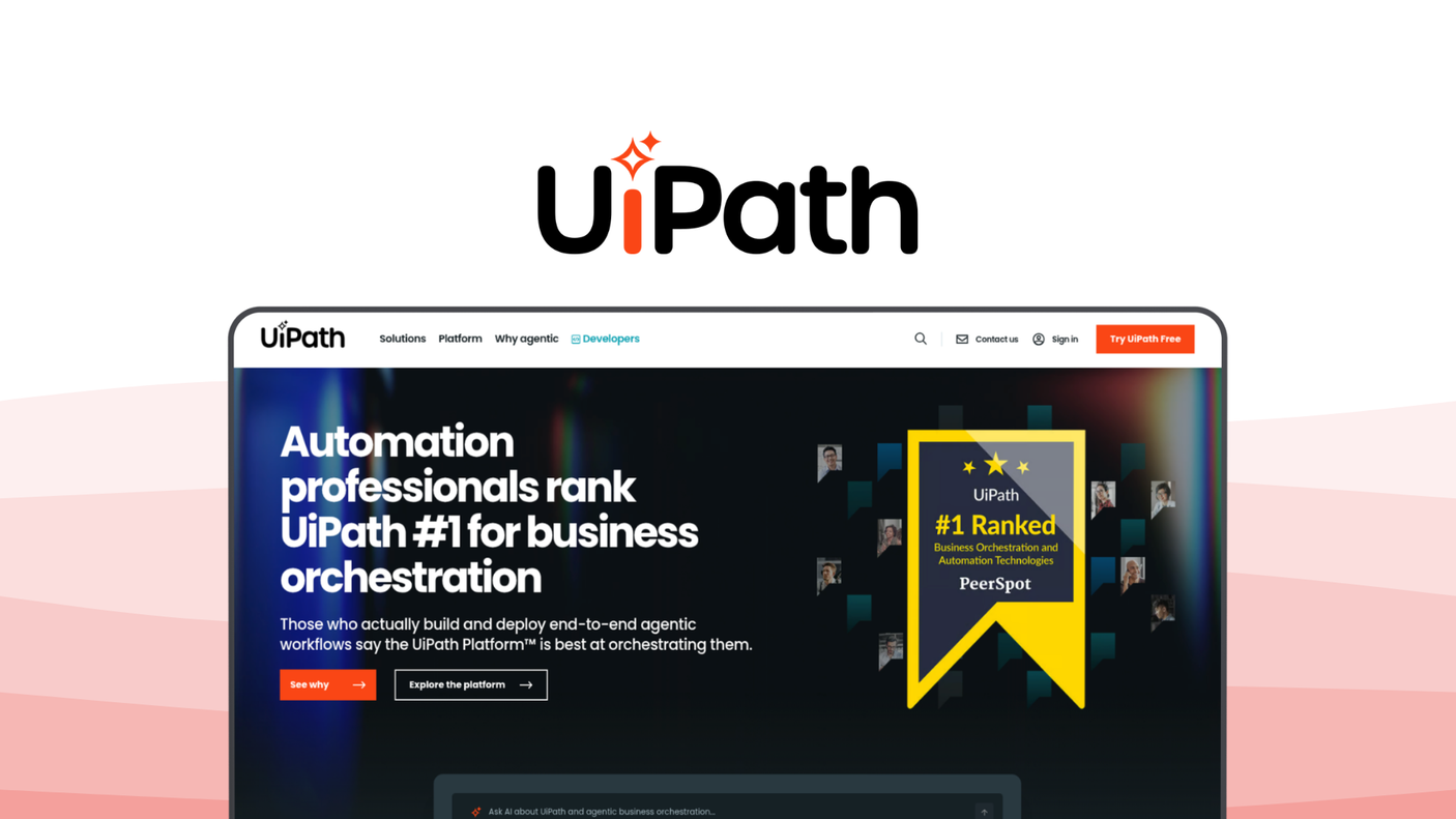 UiPath an automation tool, featuring rpa bots, process mining, document understanding, ai agents, enterprise governance.