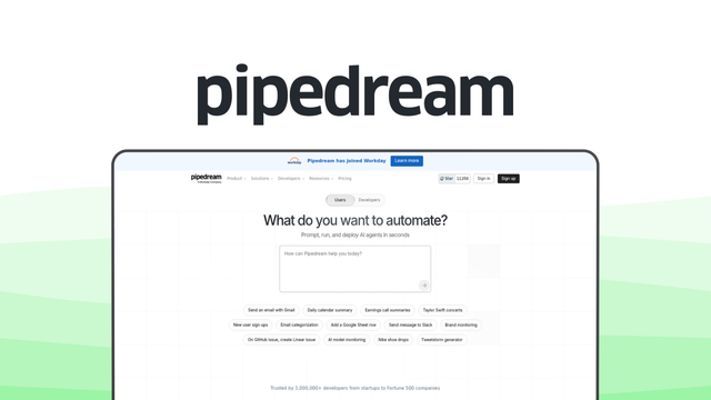 Pipedream an automation tool, featuring code workflows, serverless execution, api integrations, event triggers, developer tools.