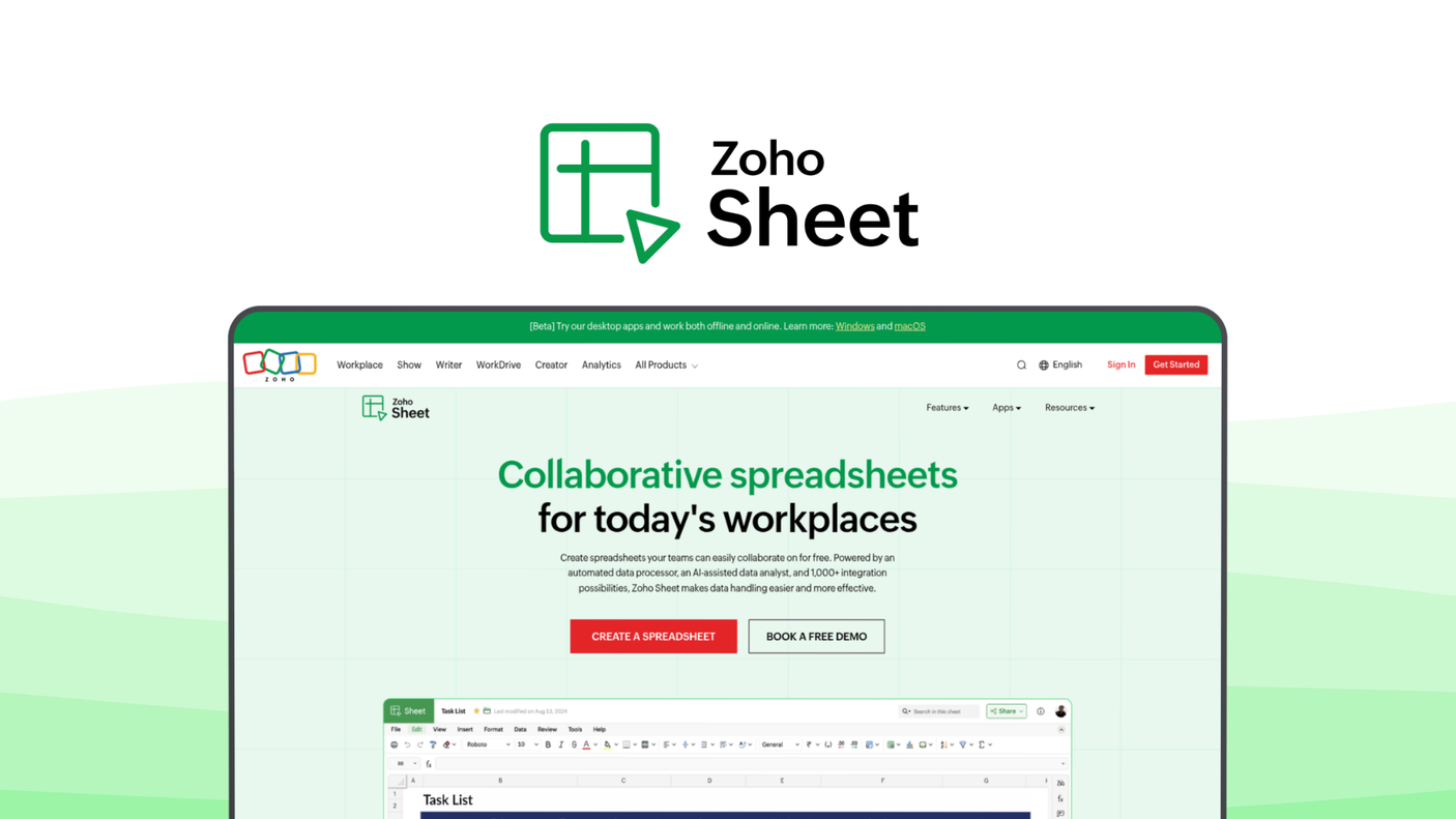 Zoho Sheet a spreadsheet tool, featuring real-time collaboration, ai data analyst, pivot tables, integrations, automation.