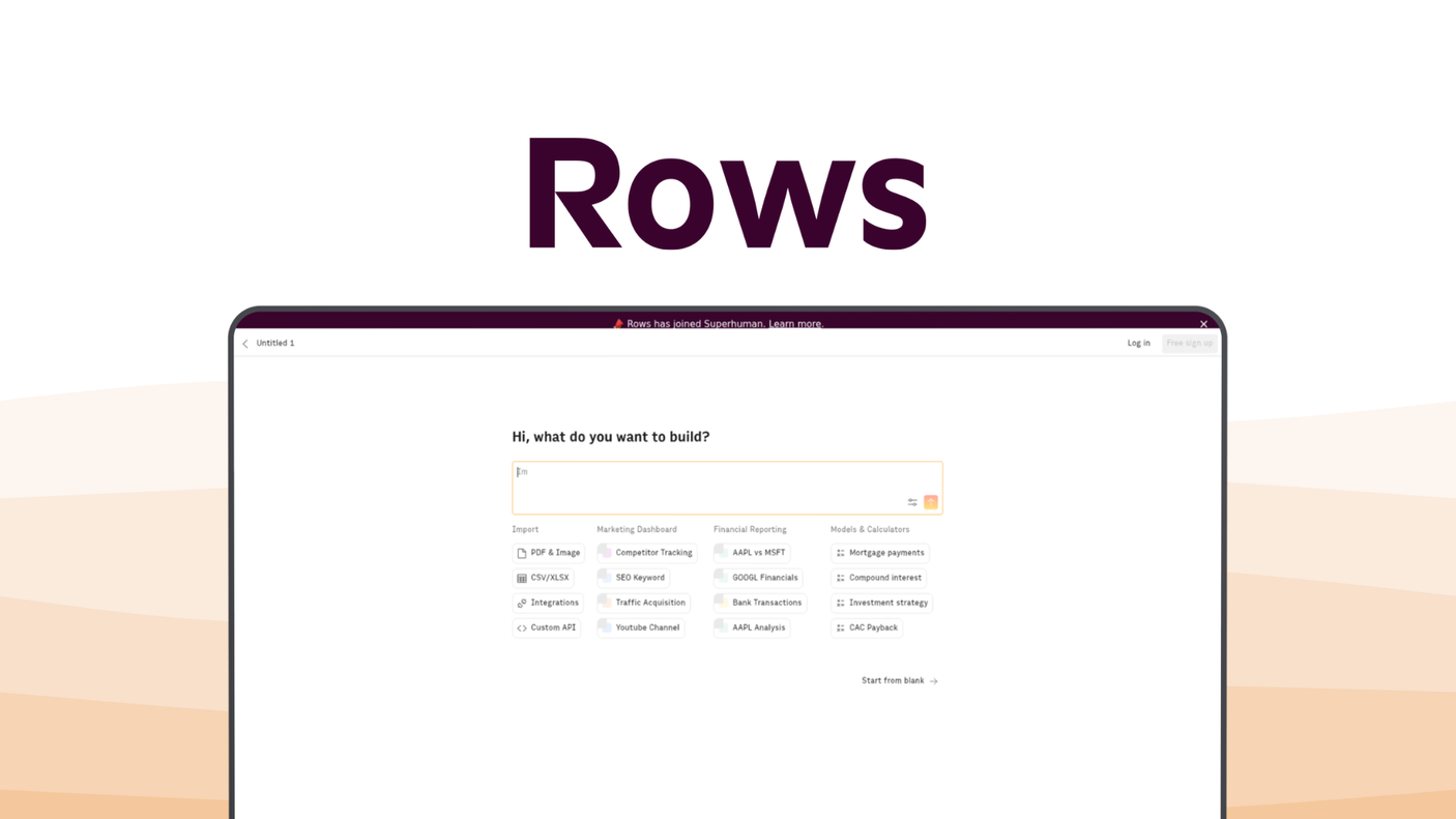 Rows a spreadsheet tool, featuring api integrations, modern ui, ai data analysis, web publishing, automated reports.
