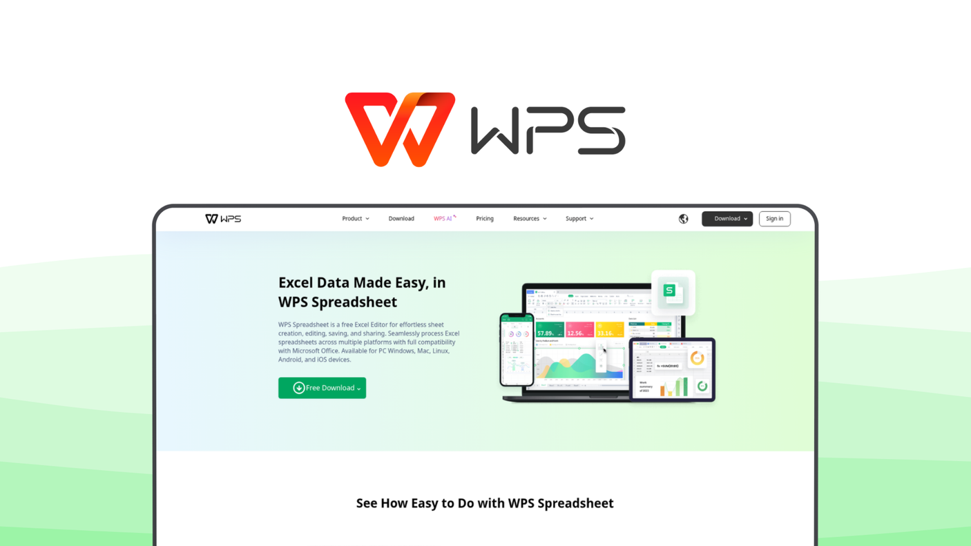WPS Spreadsheets a spreadsheet tool, featuring excel compatibility, lightweight app, templates library, cross-platform, free tier.