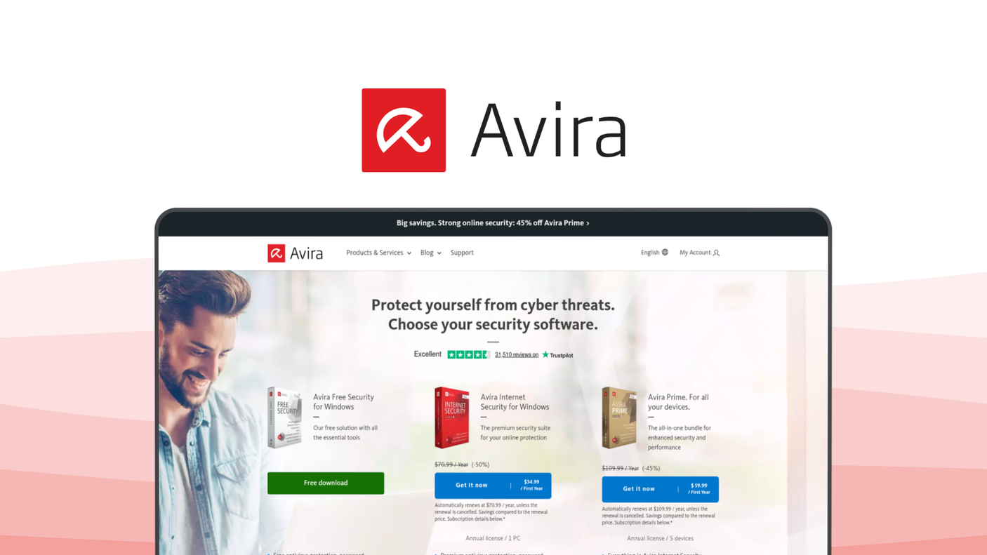 Avira an antivirus tool, featuring real time protection, vpn access, software updater, system optimization, browser safety.