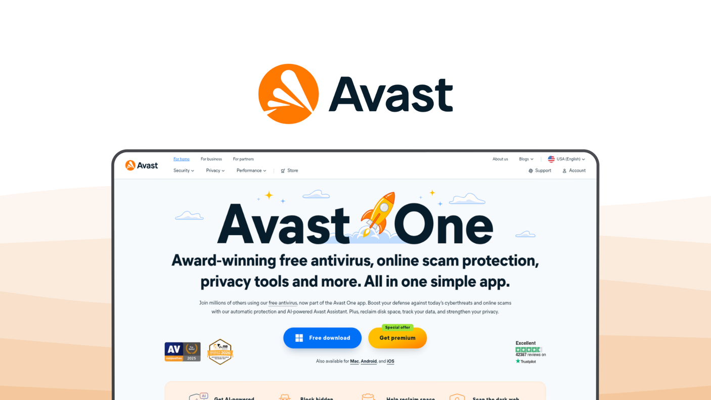 Avast One an antivirus tool, featuring smart scan, firewall shield, performance boost, banking mode, vpn security.