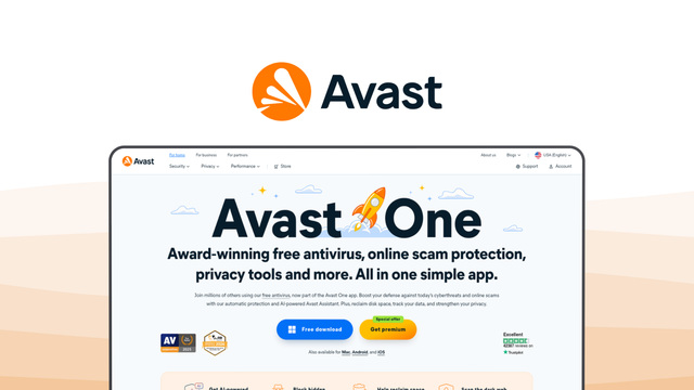 Avast One an antivirus tool, featuring smart scan, firewall shield, performance boost, banking mode, vpn security.