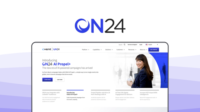 ON24 a webinar tool, featuring enterprise analytics, personalized experiences, virtual event hubs, lead scoring, crm integration.