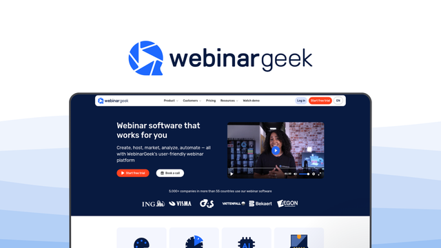 WebinarGeek a webinar tool, featuring hd quality streaming, automated broadcasts, hybrid mode, white label branding, crm integration.