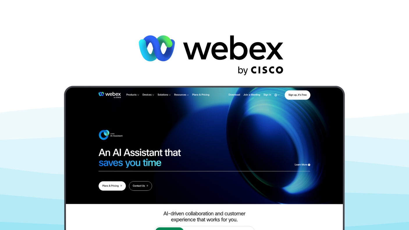 Cisco Webex a video conference tool, featuring enterprise security, ai assistant, screen sharing, real time translation, cloud recording, whiteboard tools.
