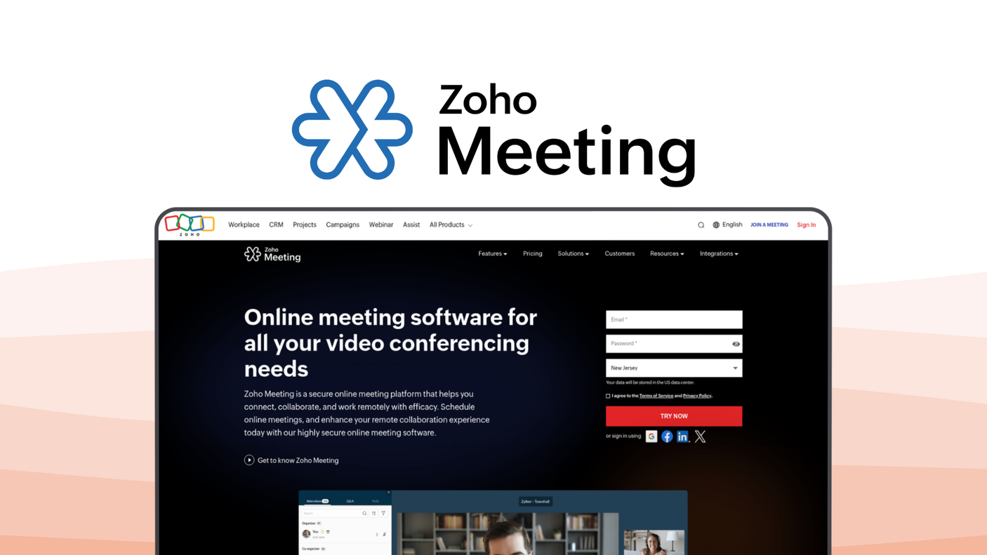 Zoho Meeting a video conference tool, featuring ecosystem integration, browser meetings, webinar hosting, screen sharing, live polls.