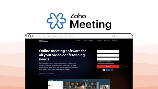 Zoho Meeting a video conference tool, featuring ecosystem integration, browser meetings, webinar hosting, screen sharing, live polls.