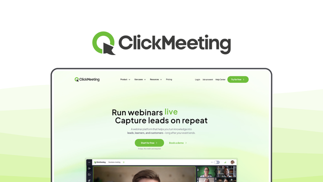 ClickMeeting a video conference tool, featuring webinar automation, event branding, polling tools, attendance reports, live streaming.