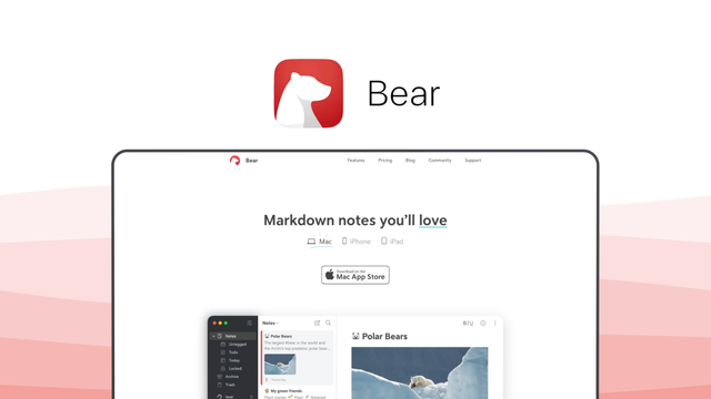 Bear a note taking tool, featuring markdown writing, beautiful themes, tag organization, icloud sync, rich export.