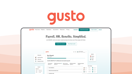 Gusto a payroll tool, featuring automated tax filing, benefits administration, time tracking, employee self service, contractor payments.