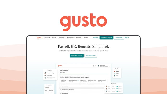 Gusto a payroll tool, featuring automated tax filing, benefits administration, time tracking, employee self service, contractor payments.