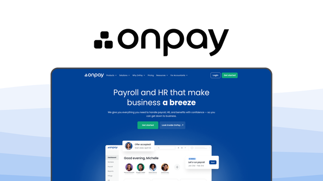 OnPay a payroll tool, featuring automated tax filing, multi state payroll, unlimited pay runs, employee self service, pto management.