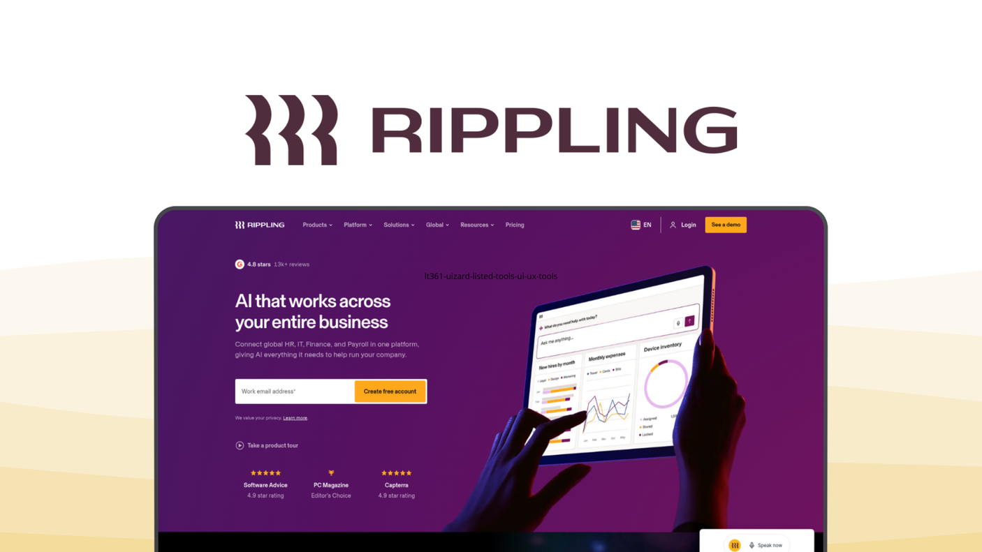 Rippling a payroll tool, featuring global payroll support, hris integration, automated onboarding, compliance automation, time tracking.