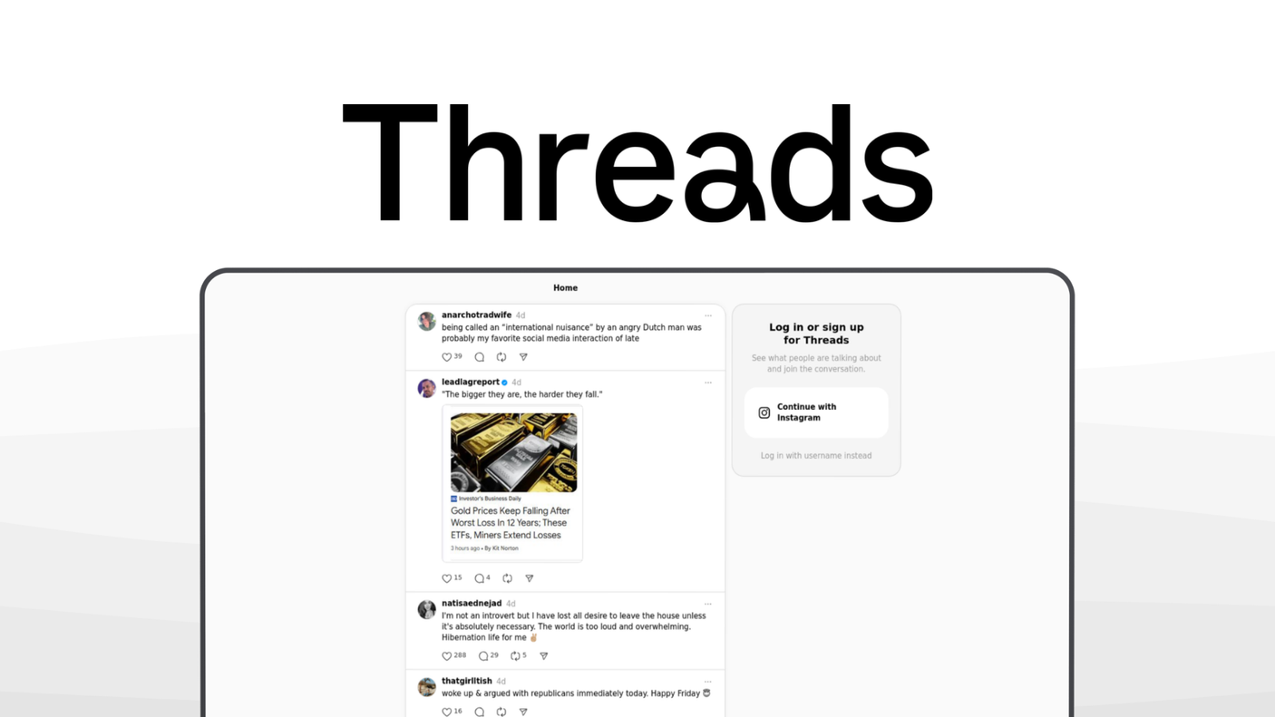 Threads a social media platform tool, featuring text updates, instagram sync, conversation feed, keyword search, activitypub integration.