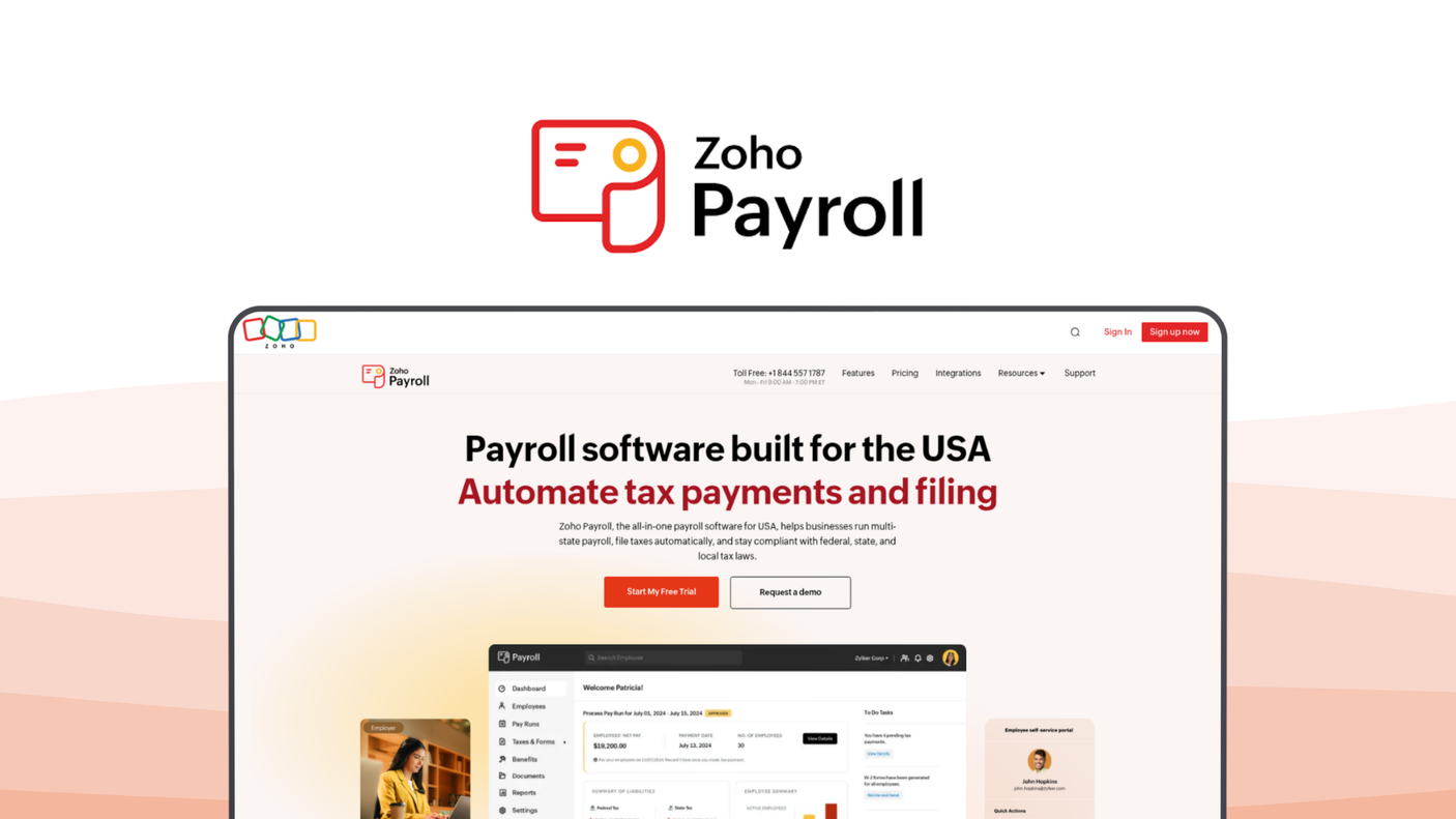 Zoho Payroll a payroll tool, featuring zoho ecosystem integration, automated salary calculation, tax compliance, employee self service, leave management.