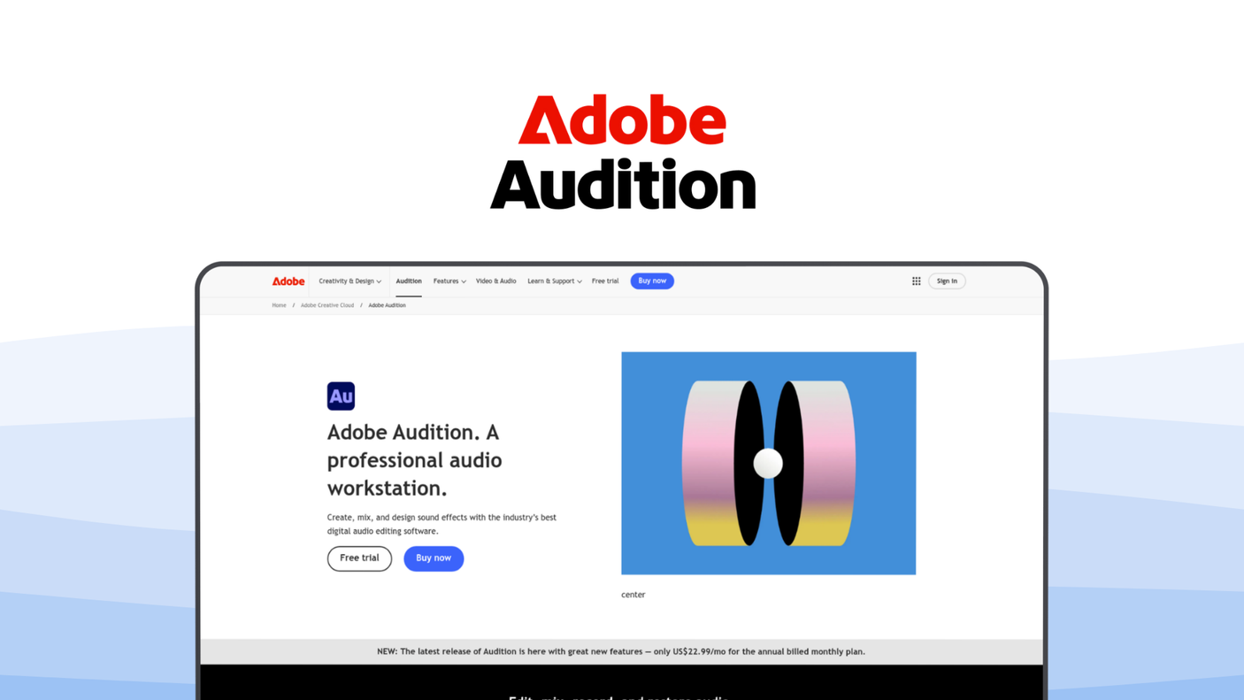 Adobe Audition an audio editor tool, featuring spectral editing, multitrack mixing, ai noise reduction, audio restoration.