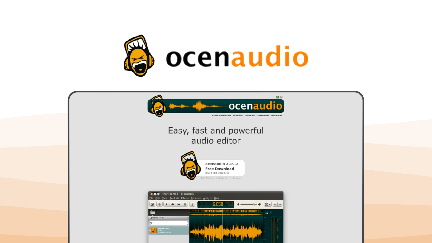Ocenaudio an audio editor tool, featuring waveform editing, real-time preview, spectral view, large file support.