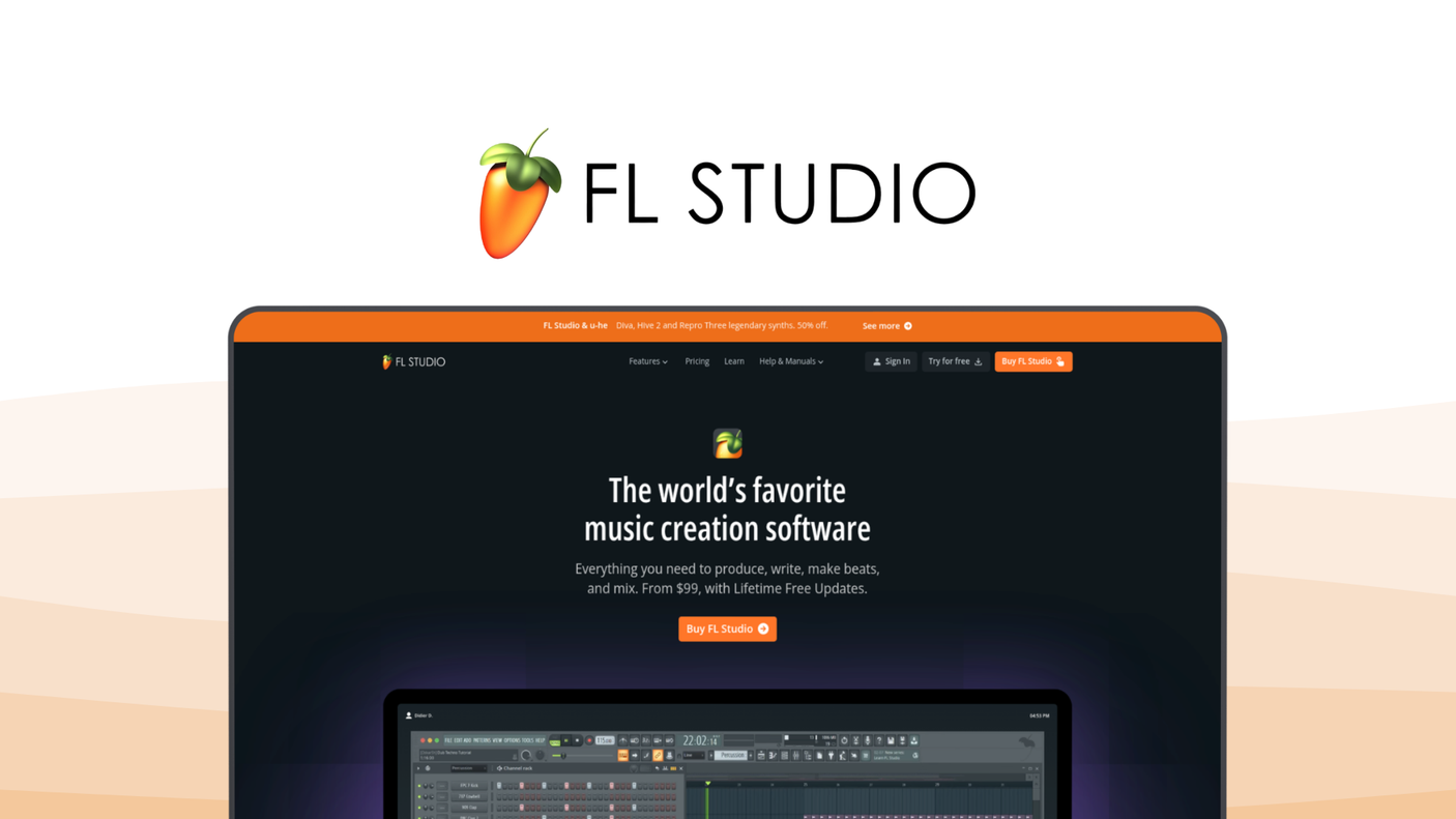 FL Studio an audio editor tool, featuring beat sequencing, piano roll, lifetime updates, vst support.