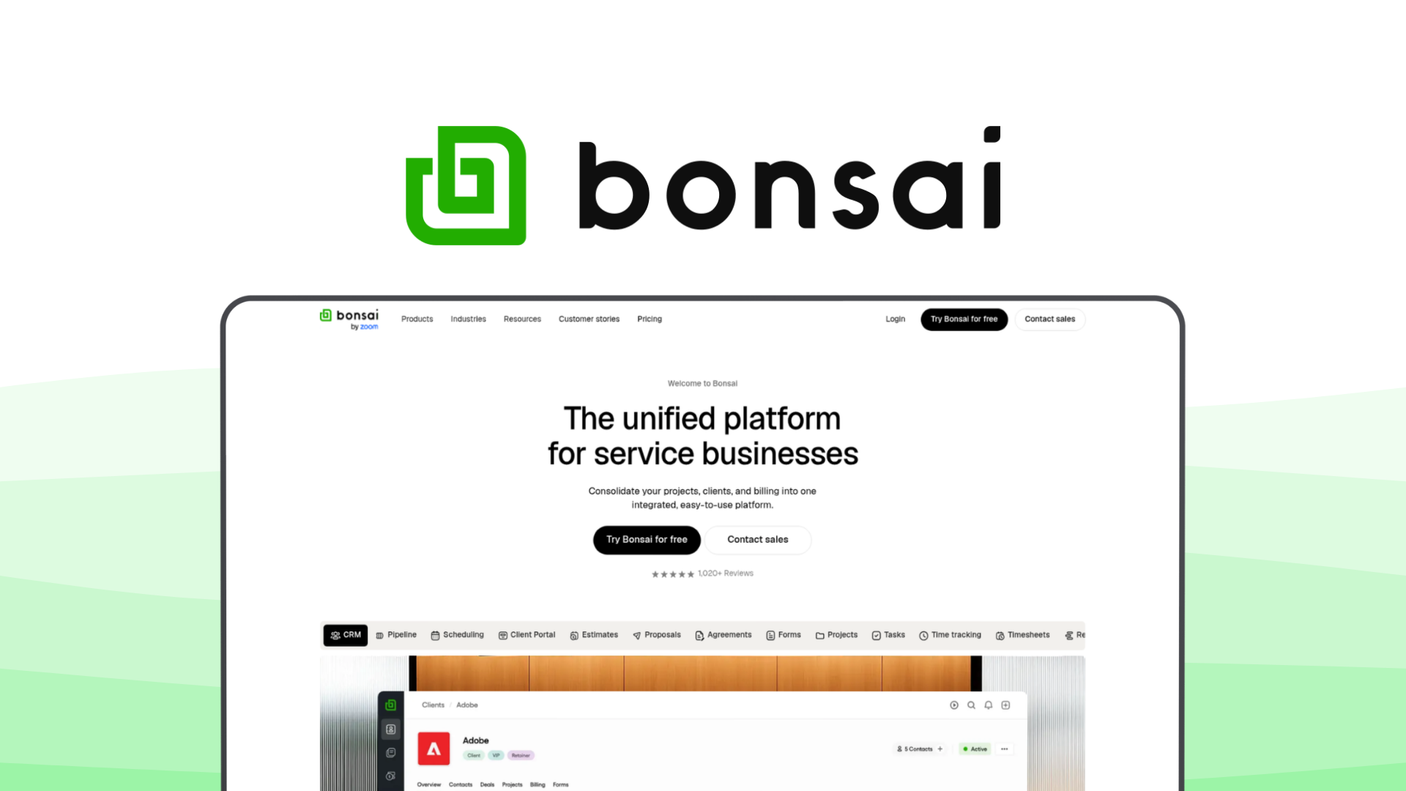 Bonsai an invoice tool, featuring contract management, time tracking, recurring billing, expense tracking, proposal builder.