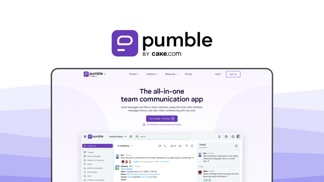 Pumble a team communication tool, featuring real-time messaging, unlimited channels, threaded discussions, video meetings, screen sharing, unlimited history search, ai agents, file sharing.